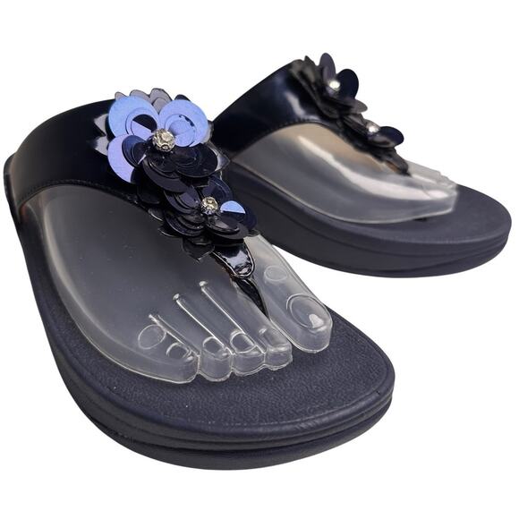 FitFlop Lulu Wildflower Navy Sequin Thong Sandals Shoes Women US Sz 6 Comfort EC - Picture 6 of 16